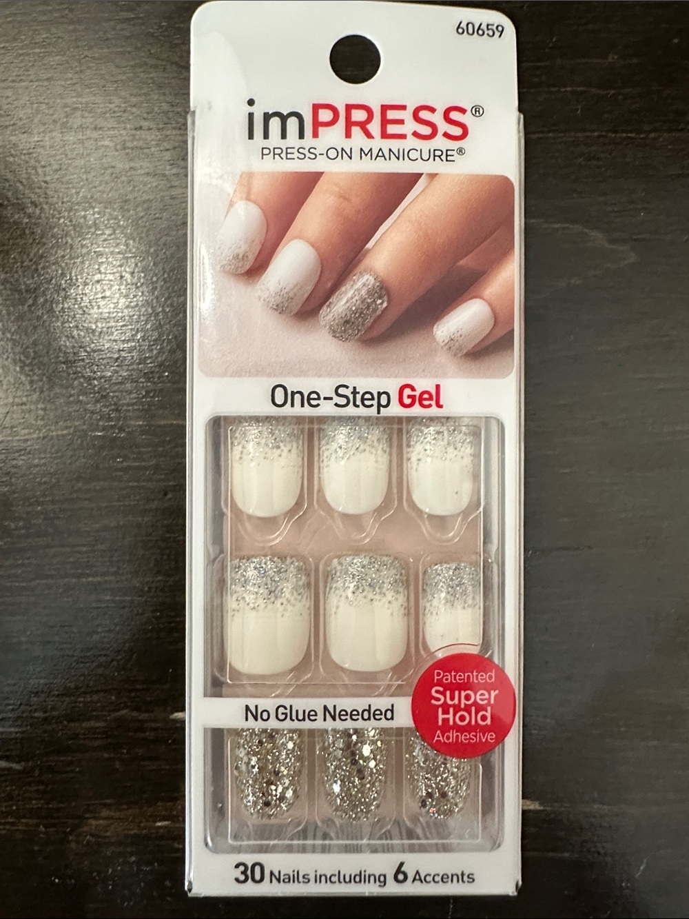 imPRESS One-Step Gel White Press-On Nails with Silver Glitter Accents